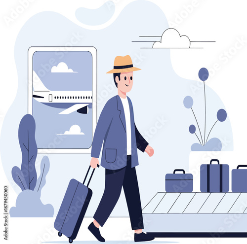 vector, illustration, airport theme, male passenger with luggage and floral background, clouds, plane, purple color