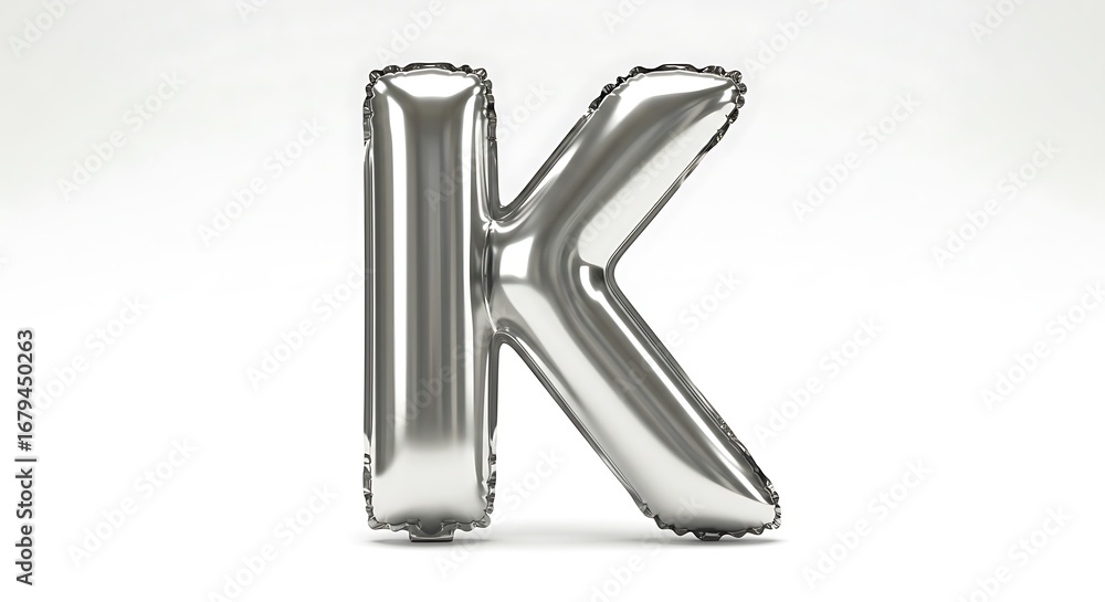 Fototapeta premium Shiny Silver Letter K Balloon Floating Against a Clean White Background