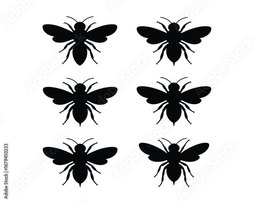 Honeybee silhouettes illustration, striking black silhouettes of six honeybees arranged in clean elegant composition on pure white background for graphic design use.