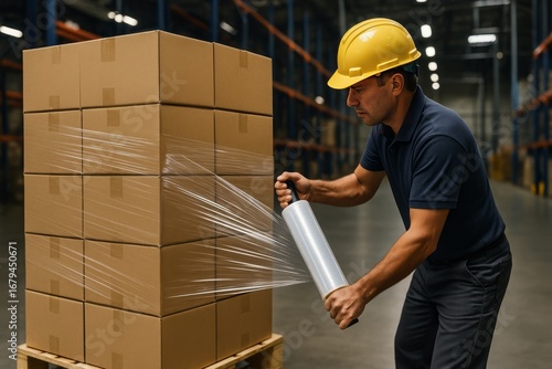 Warehouse worker wrapping pallet of cardboard boxes with clear plastic film