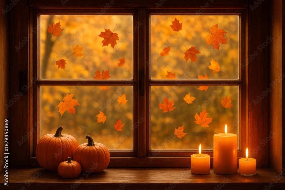 Obraz premium Autumn scene with pumpkins and lit candles on a windowsill with maple leaves