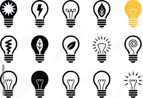 15 light bulb concept icons vector illustration set energy innovation thought idea symbol creativity environmental
