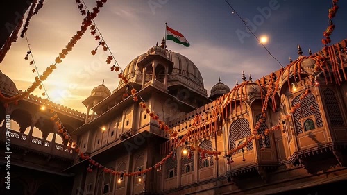 Ornate Indian Temple Exterior at Sunset with Golden Light and Floral Garlands