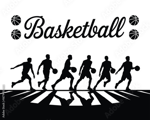 Basketball Players Silhouette in Striking Black and White Woodcut Print
