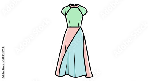 A stylish color-block dress with a green high-neck top and an asymmetrical pink and blue A-line skirt.