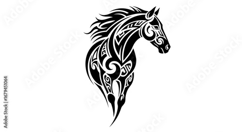 Black and white stylized illustration of a horse head and neck, featuring intricate tribal-inspired patterns and flowing lines.