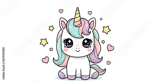 Adorable cartoon unicorn with colorful mane and horn surrounded by hearts and stars.
