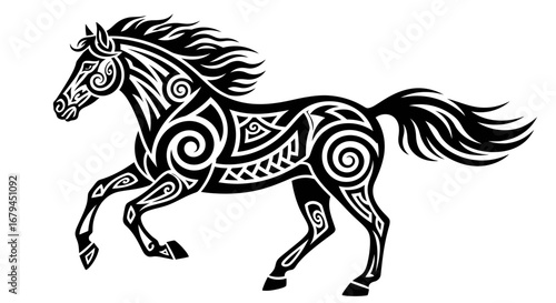 Intricate black and white illustration of a prancing horse with detailed tribal patterns.