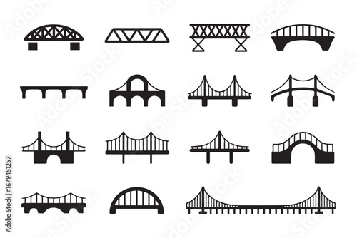monochrome vector icons of bridge engineering featuring arch suspension truss beam and cable stayed structures