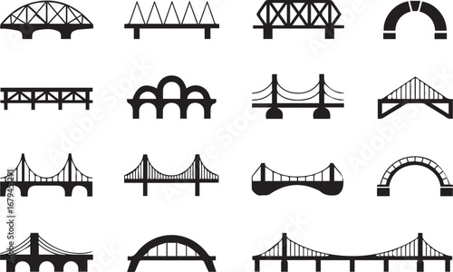 set of stylized bridge silhouettes in vector format illustrating arch truss suspension beam and cable stayed designs