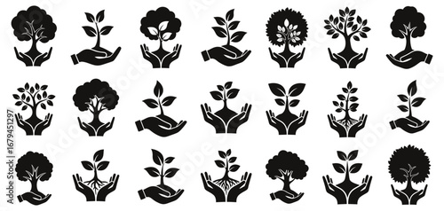 Hands with tree silhouette collection in black. Ecological and environmental symbols with trees, leaves, and seedlings in palms