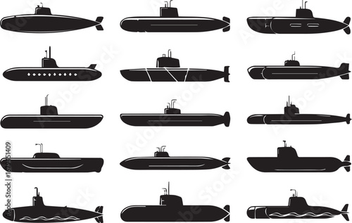 15 submarine silhouette vector icons set ai eps png jpeg naval military underwater ocean design collection