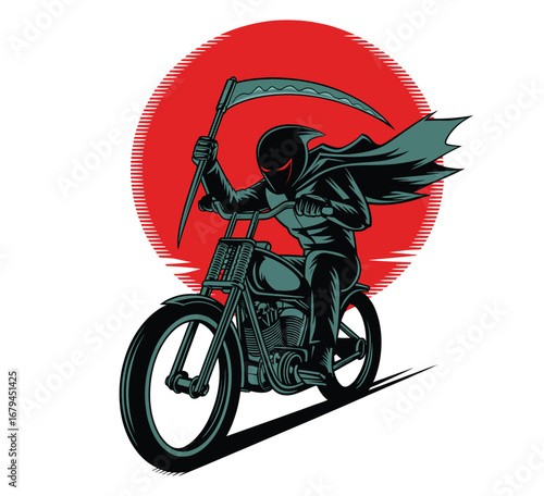 Biker with scythe shaped handlebars riding under blood moon in black and white isolated halloween vector illustration