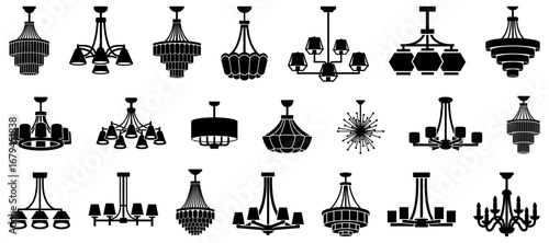 Chandeliers and ceiling lamps. Includes crystal chandeliers, modern geometric lights, classic arm lamps, and decorative hanging lighting