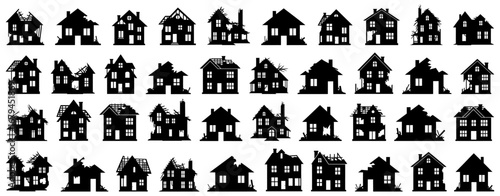 Destroyed house silhouette collection.Set of ruined buildings with broken roofs, collapsed walls, and damaged chimneys in black vector style