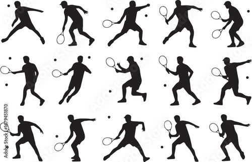vector tennis player silhouette pack showcasing forehand backhand serve and athletic motion poses