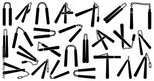 Nunchaku silhouette collection. Martial arts weapons in simple black shapes. Various nunchaku positions with chains and sticks