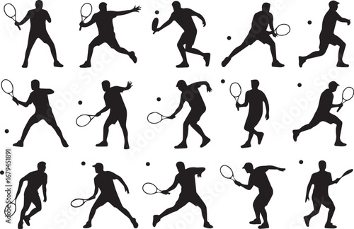 tennis silhouettes collection athletic player poses racket ball action vector graphic illustration