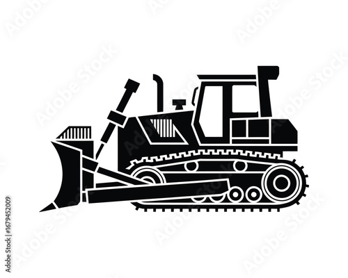 A simple black and white illustration of a heavy construction bulldozer with a front blade, isolated on a white background
