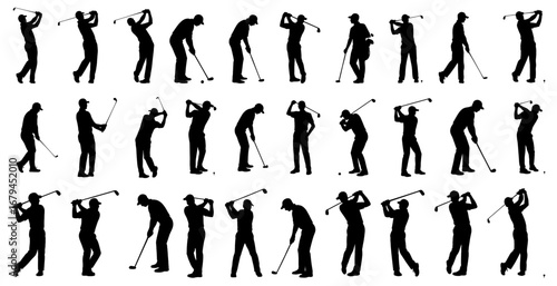 Golf player silhouette collection in black. Men swinging clubs, putting, and preparing strokes in elegant golf postures