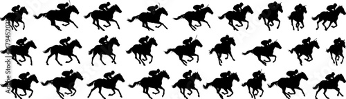 Horse racing silhouette collection in black. Jockeys riding horses at full speed in racing competition