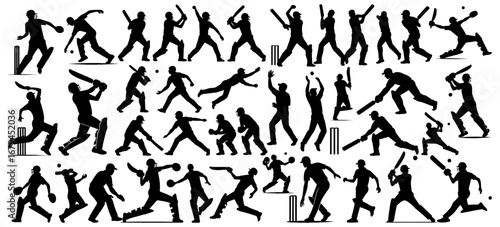 Cricket silhouette collection in black. Players batting, bowling, catching, and fielding in dynamic movements