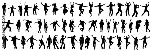 Dancing people silhouette collection in black. Men and women dancing with free style poses, party movements, and joyful expressions