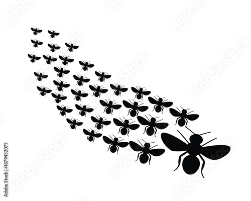 A swarm of stylized bees flying in formation, led by a larger bee, presented in a graphic black and white illustration