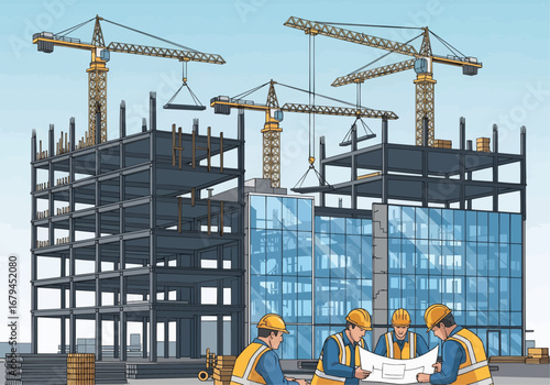 Construction Site with Workers Inspecting Blueprints Near Steel Frame Building
