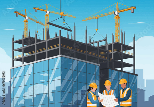 Construction workers in hard hats and safety vests review blueprints at a modern skyscraper construction site with cranes.