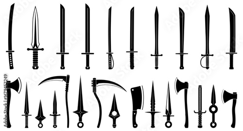 Weapons silhouette collection. Knives, swords, axes, and other melee arms in black vector style. Various blade designs included