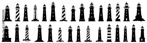 Lighthouses silhouette collection. Coastal towers in black silhouette design. Various lighthouse shapes with domes, stripes, and lanterns
