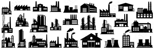 Factory silhouette collection.Set of industrial factories with chimneys, warehouses, towers, and power plants in black vector style