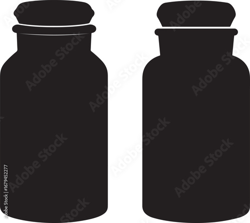 Two black silhouette medicine bottles with caps isolated on white background