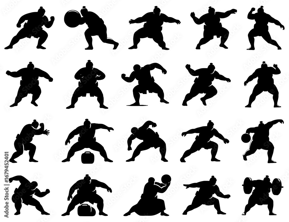 Fototapeta premium Sumo wrestling silhouette collection in black. Wrestlers grappling, pushing, and preparing in traditional sport poses