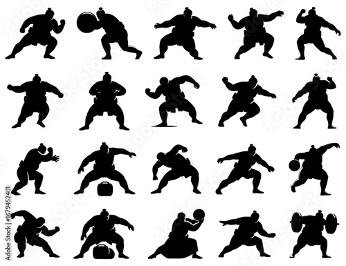 Sumo wrestling silhouette collection in black. Wrestlers grappling, pushing, and preparing in traditional sport poses