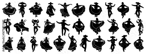 Mexican dance silhouette collection in black. Traditional dancers with sombreros and dresses performing folkloric choreography