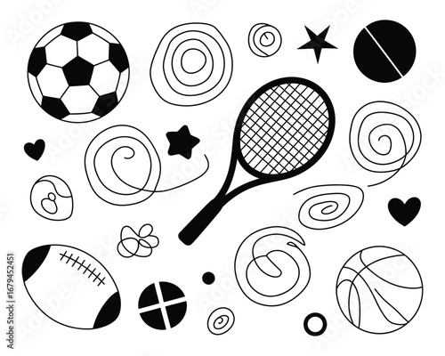 Creative black and white line art illustration of various sports balls and a tennis racket, isolated on a white background with decorative swirls