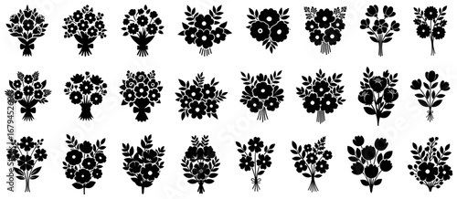 Bouquets silhouette collection. Decorative flower arrangements in black silhouette style. Different floral shapes tied in bunches