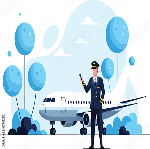 vector, illustration, pilot with plane, flight, air transportation