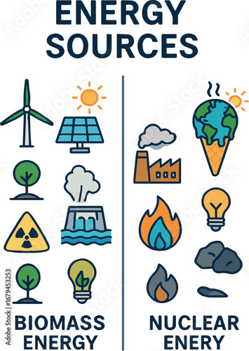 Visual comparison of renewable and non-renewable energy sources in a clear graphic layout for educational purposes
