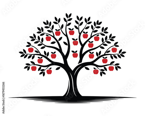 A bold black vector illustration of a stylized apple tree with red fruit and lush leaves, symbolizing growth and nature