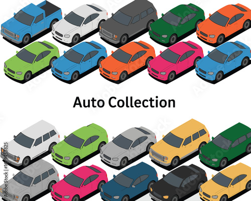 Colorful Collection of 3D Isometric Cars and Automobiles for Various Design Projects