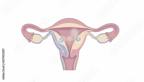 Anatomical illustration of the female reproductive system, showing uterus and ovaries.