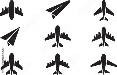 Silhouette Airplane Collection Aircraft Vehicle Icon Set Isolated on Transparent