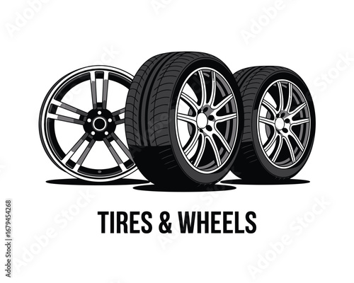 Vector Illustration of Car Tires and Wheels for Automotive Services