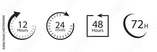 Vector Illustration 12, 24, 48, and 72 Hour Clock Icons – Time Management Graphics