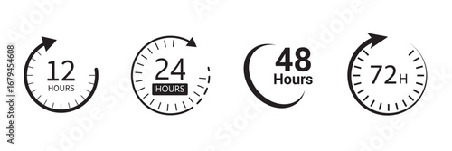 Set of 12, 24, 48 and 72 hour clocks with arrows on white background. Vector work time effect or delivery service time icon