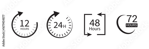 Large Arrowed Timeline Clocks. black horizontal set of four open clocks. four clocks with arrowed progress. 12, 24, 48 and 72 hours icon. Symbol work time, delivery and service time vector .