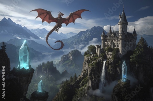 Dragon flies mountain castle, crystals, fantasy game art